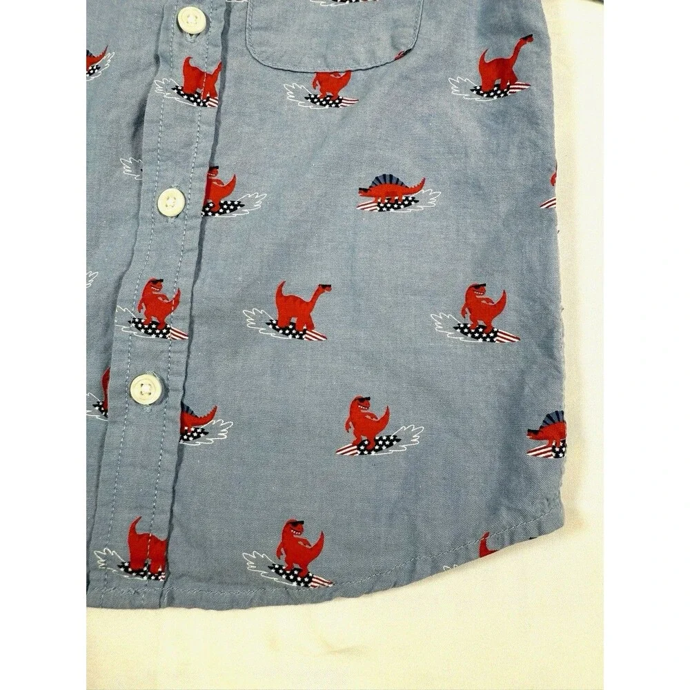 THE CHILDREN’S PLACE Toddler Boy Dinosaur Button Down Shirt Size 2T Blue Cotton
